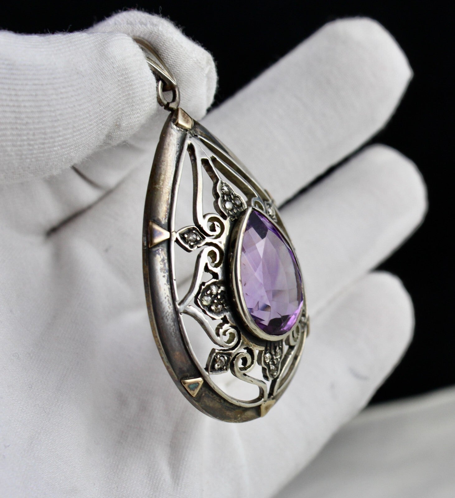 Antique Natural Amethyst 10ct Diamond Victorian Pendant Sterling Silver Gold