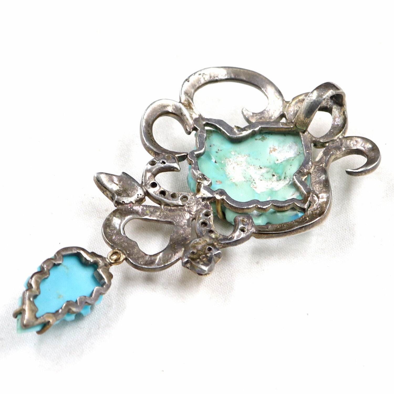 NATURAL REAL TURQUOISE CARVED DIAMOND VICTORIAN PENDANT IN 925 SILVER & GOLD