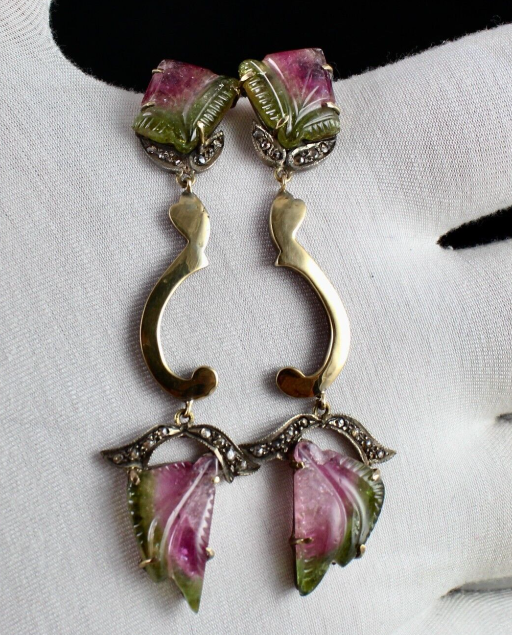 NATURAL MULTI TOURMALINE GEMSTONE DIAMOND 18K GOLD 925 SILVER VICTORIAN EARRING