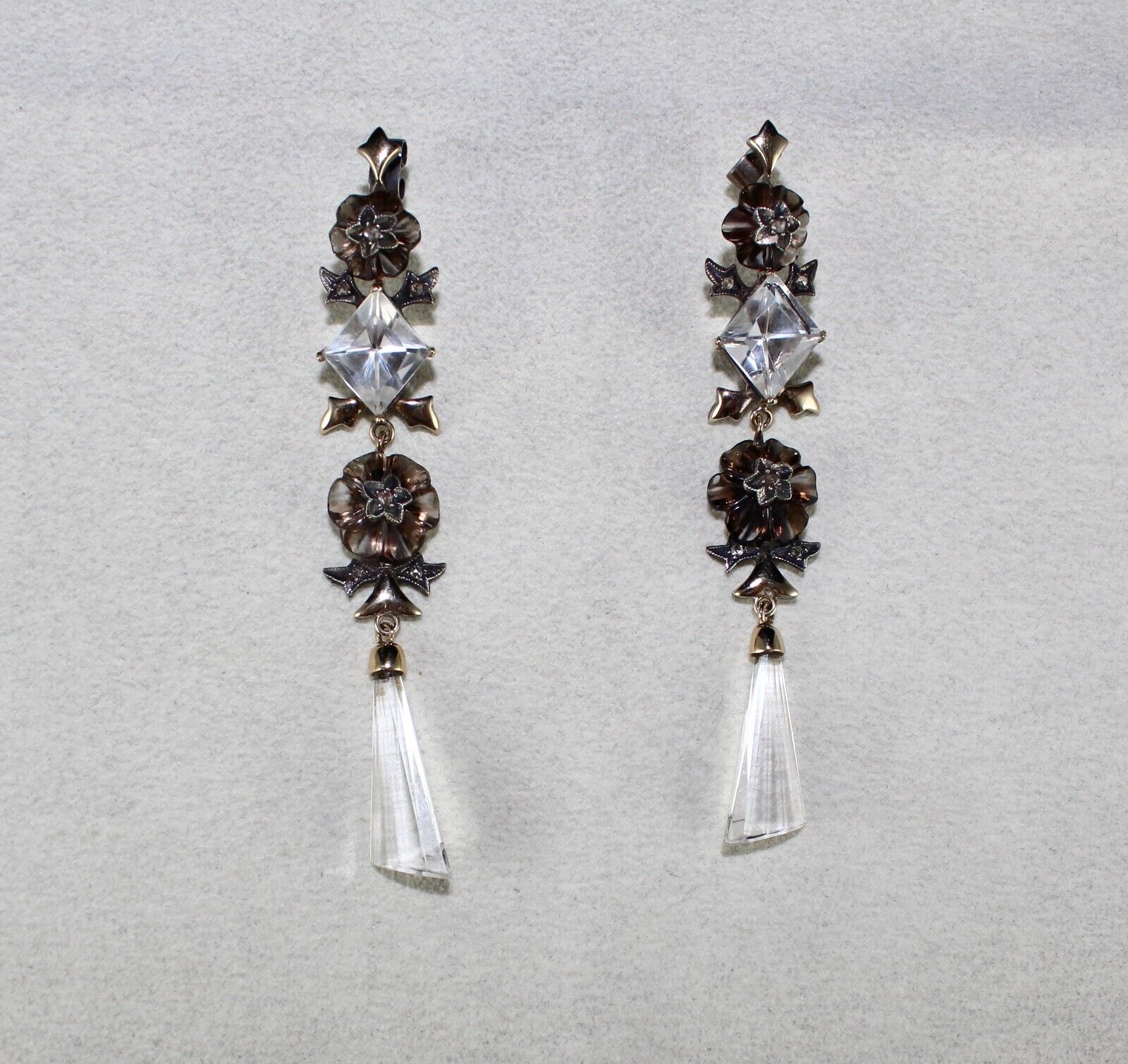 NATURAL SMOKY CRYSTAL QUARTZ CUT STONE DIAMOND 18K GOLD VICTORIAN SILVER EARRING