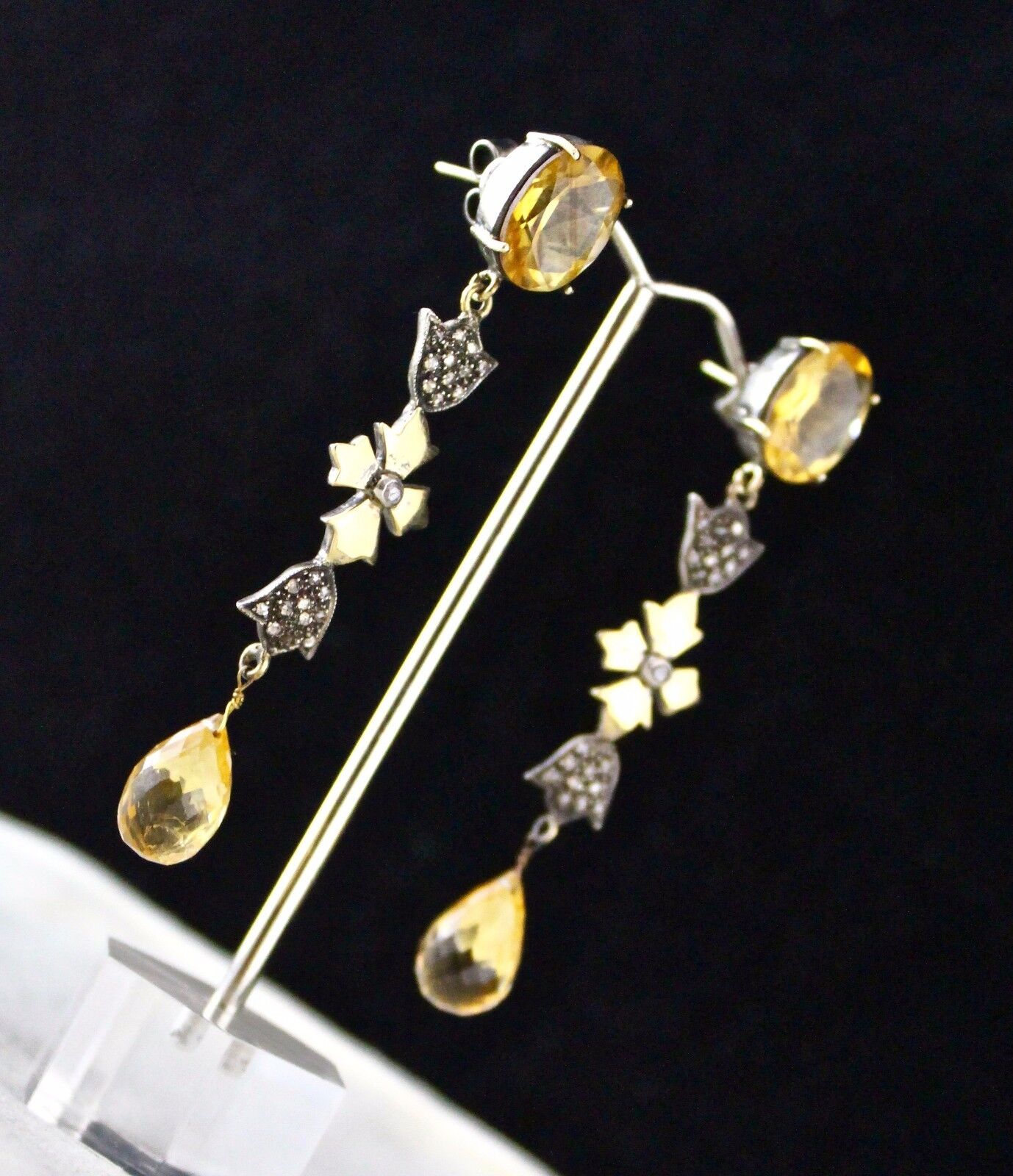 YELLOW CITRINE CUT DROP GEMSTONE DIAMOND 18K GOLD 925 SILVER VICTORIAN