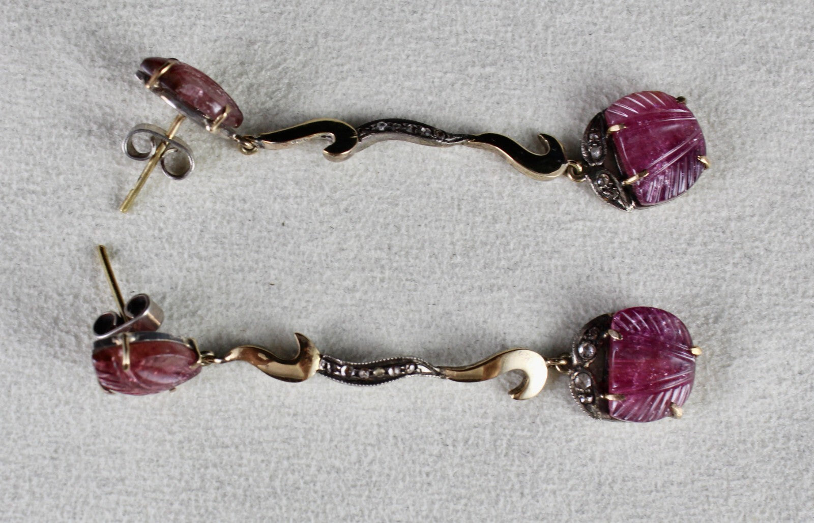 Vintage 10.00ct Natural Pink Tourmaline Carved Diamond 18k Gold Earrings