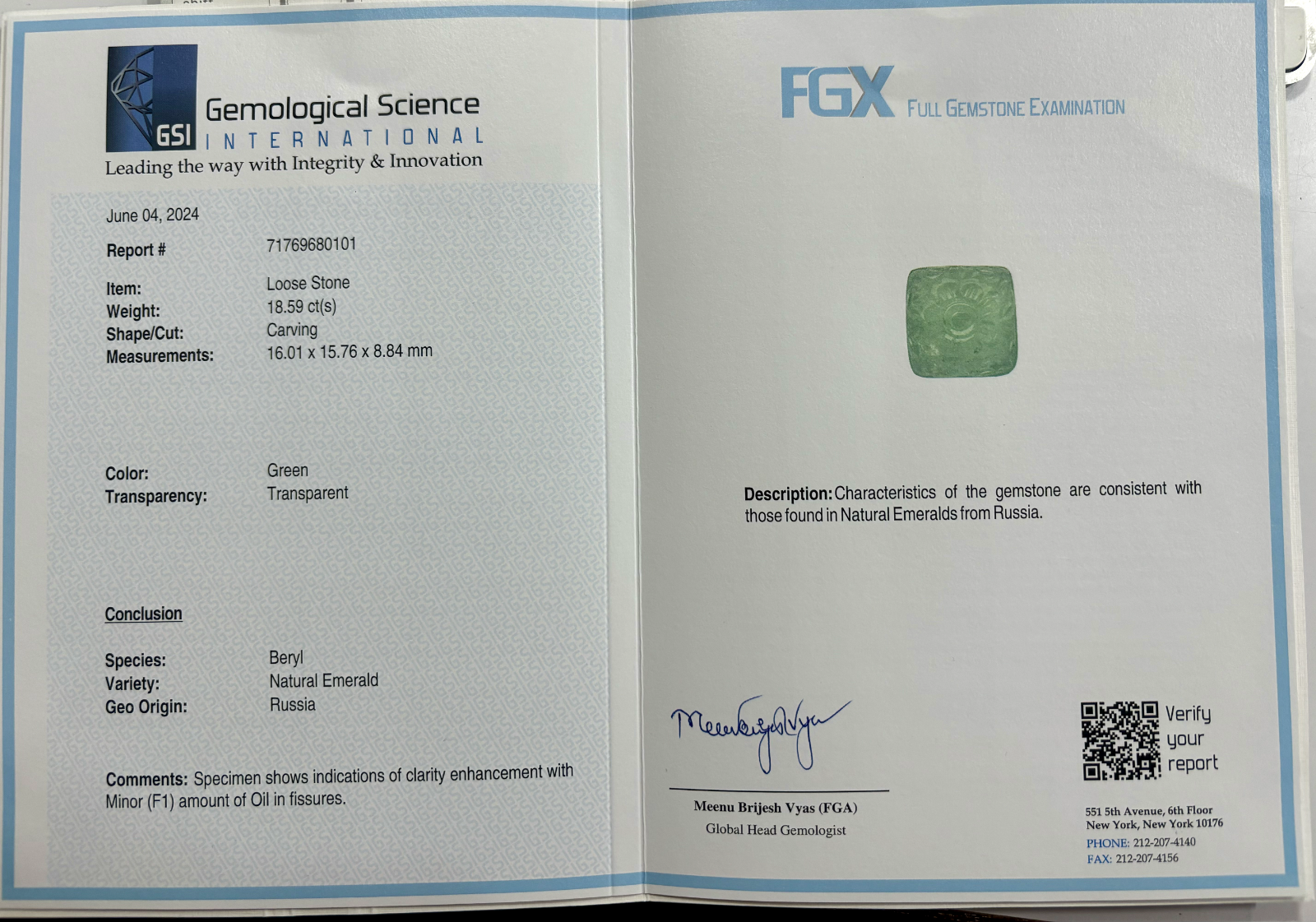 Certified 16mm Square Natural Emerald 18.60 Ct Gemstone For Ring Pendant