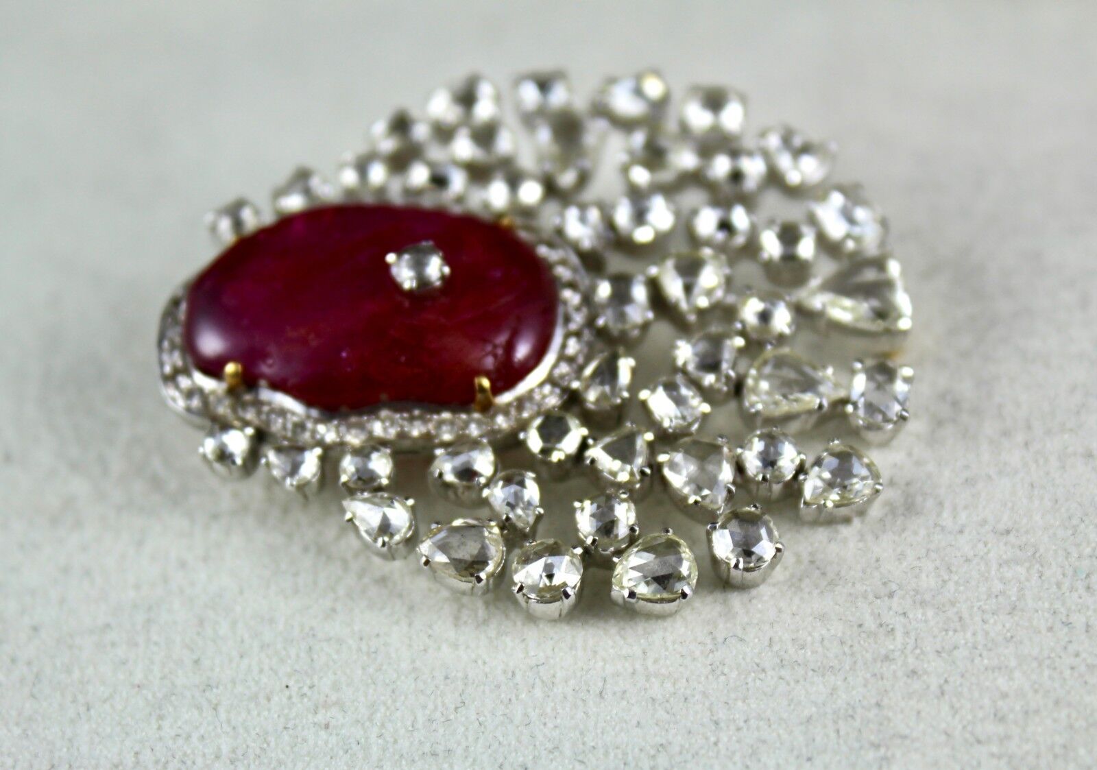 NATURAL NO HEAT BURMA RUBY CABOCHON ROSE CUT DIAMOND 18K GOLD PENDANT BROOCH