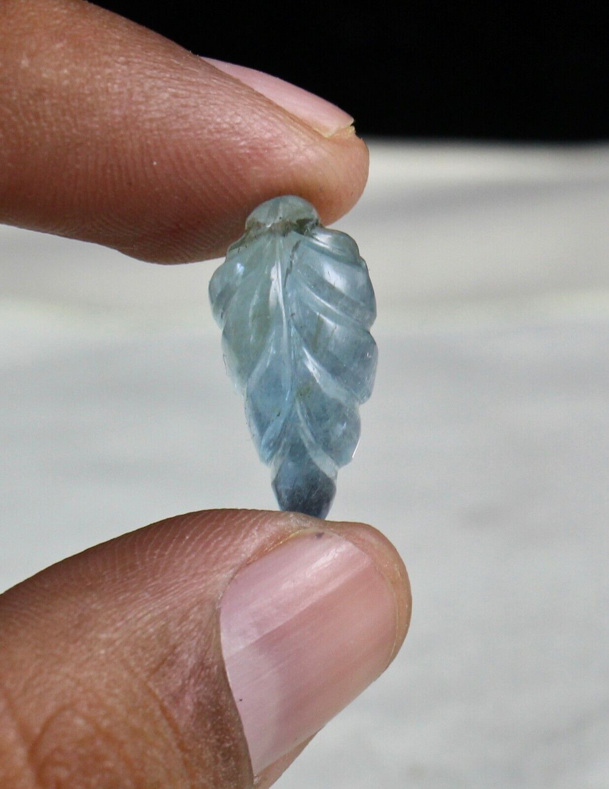 NATURAL BLUE AQUAMARINE CARVED LEAF 11.83 CARATS DRILLED GEMSTONE FOR PENDANT