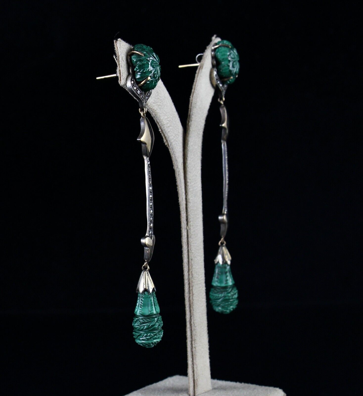 NATURAL MALACHITE CARVED DIAMOND SILVER 18K GOLD VICTORIAN PENDANT EARRING SET