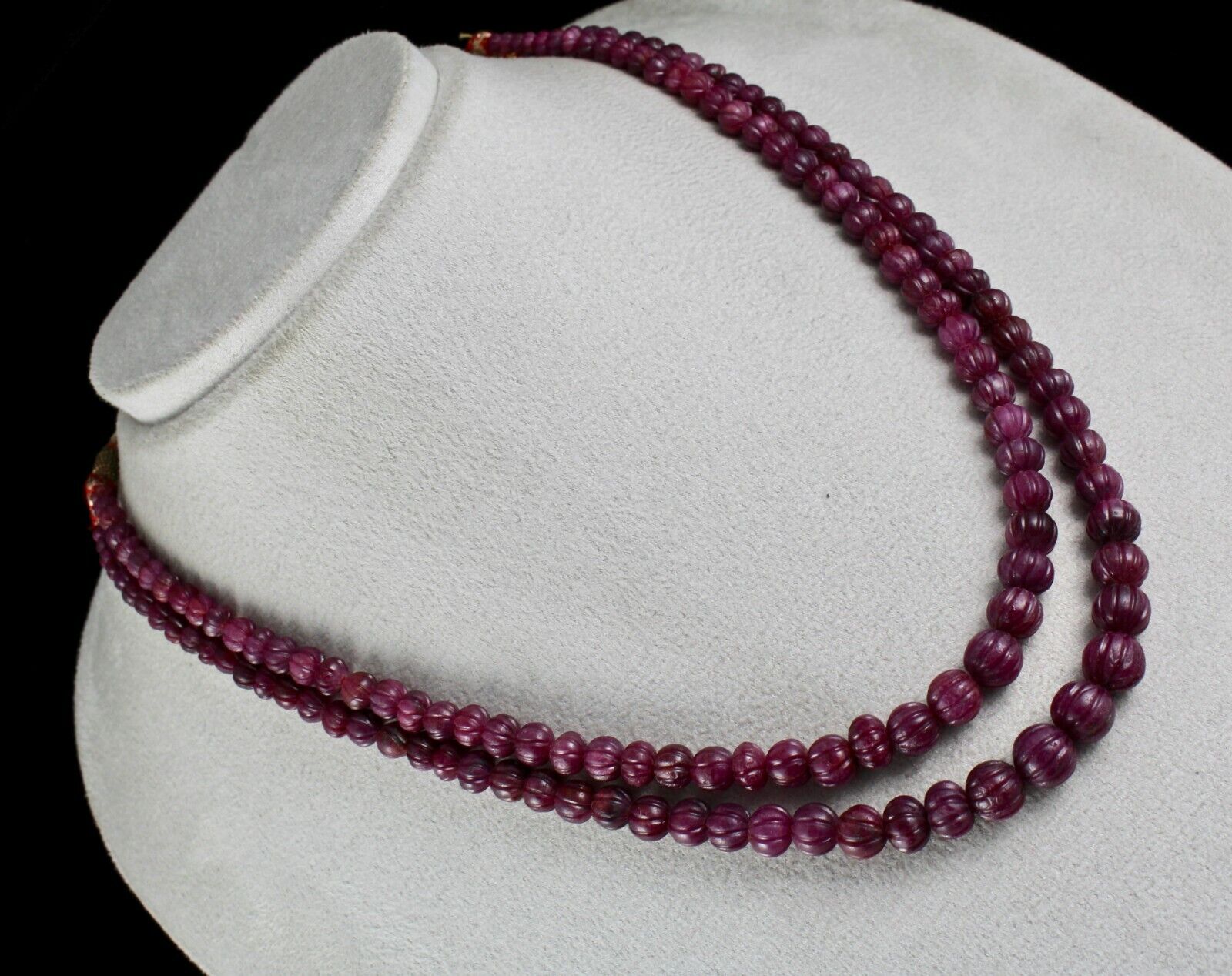 FINE NATURAL RUBY BEADS CARVED MELON 2 LINE 403 CARAT PRECIOUS GEMSTONE NECKLACE