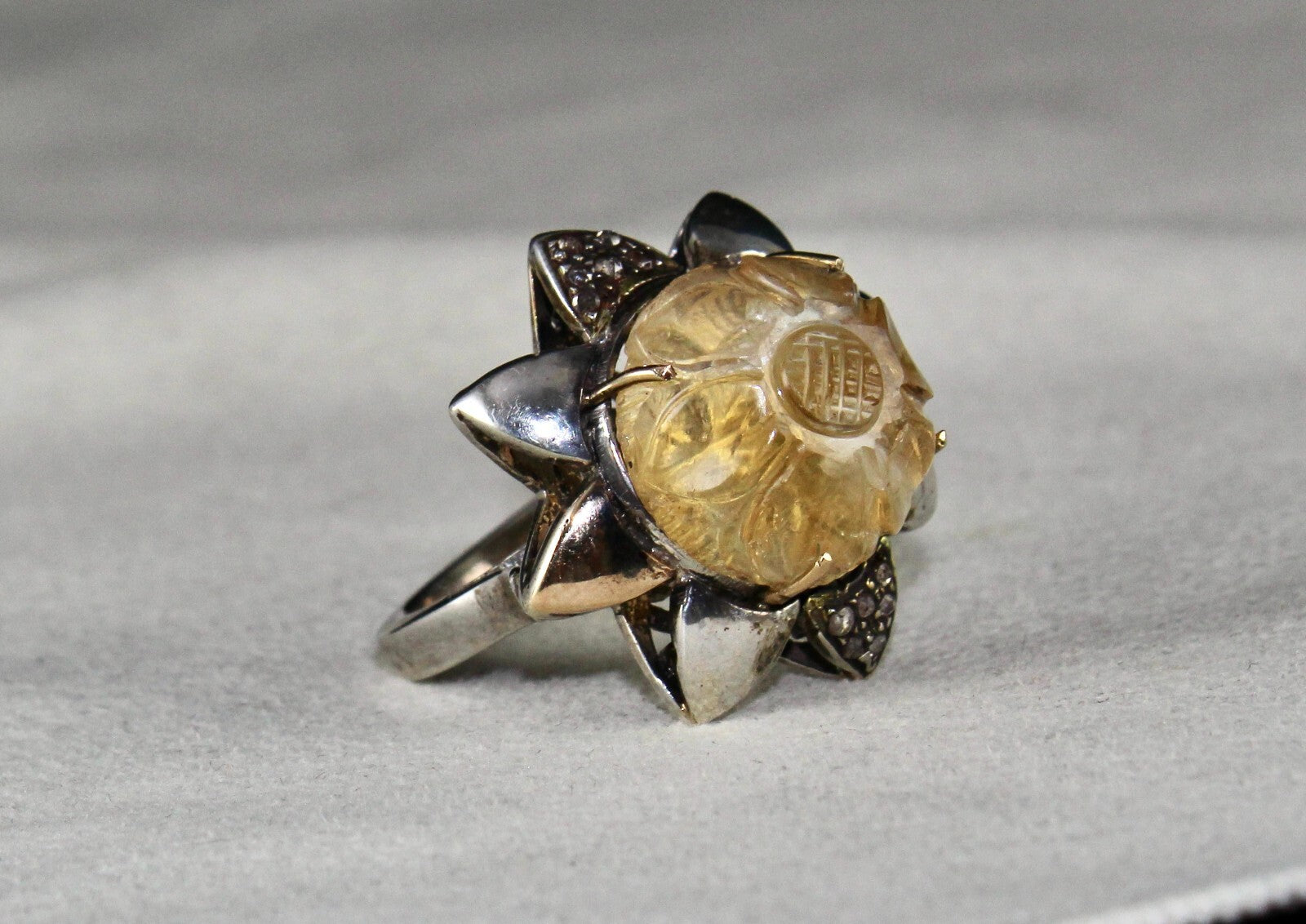 Antique Yellow Citrine 68ct Natural Diamond 18k Gold 925 Sterling Silver Ring