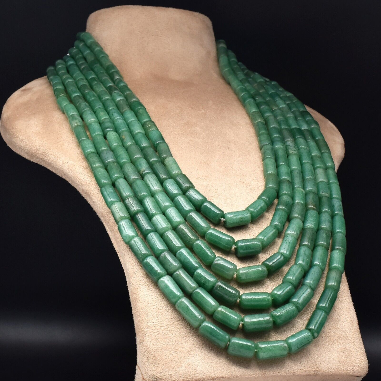 Natural Green Quartz Aventurine Tube beads Necklace 6 L 1774 Ct Vintage Gemstone