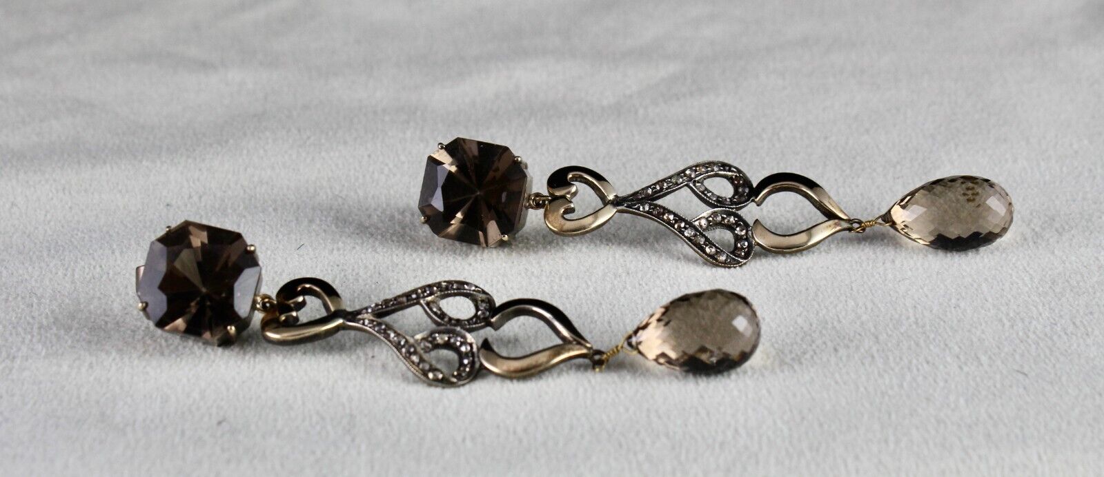 NATURAL SMOKY QUARTZ GEMSTONE DIAMOND 18K GOLD VICTORIAN SILVER DANGLE EARRING