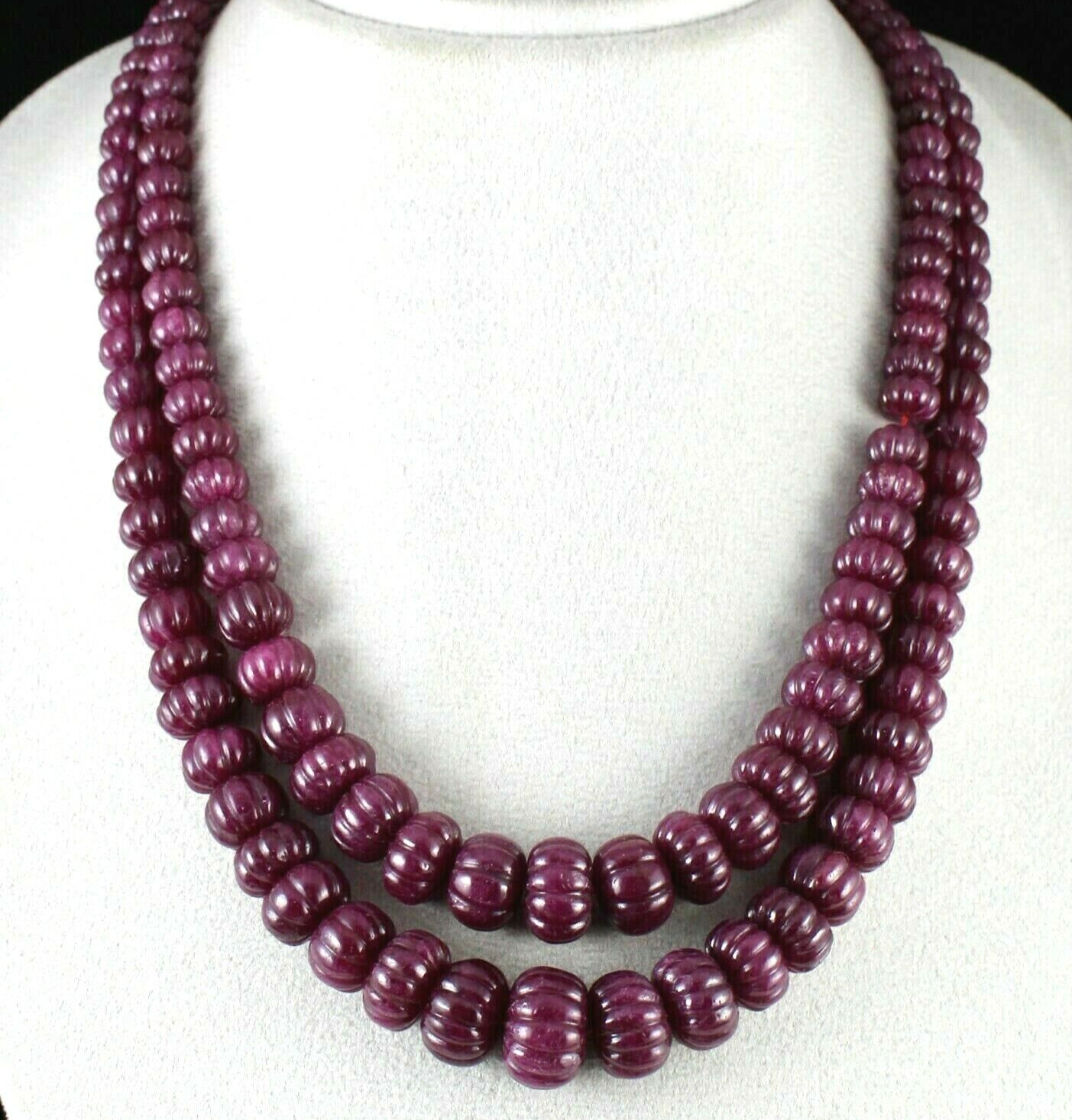 NATURAL UNTREATED RUBY BEADS CARVED MELON 2 LINE 1325 CARATS GEMSTONE NECKLACE