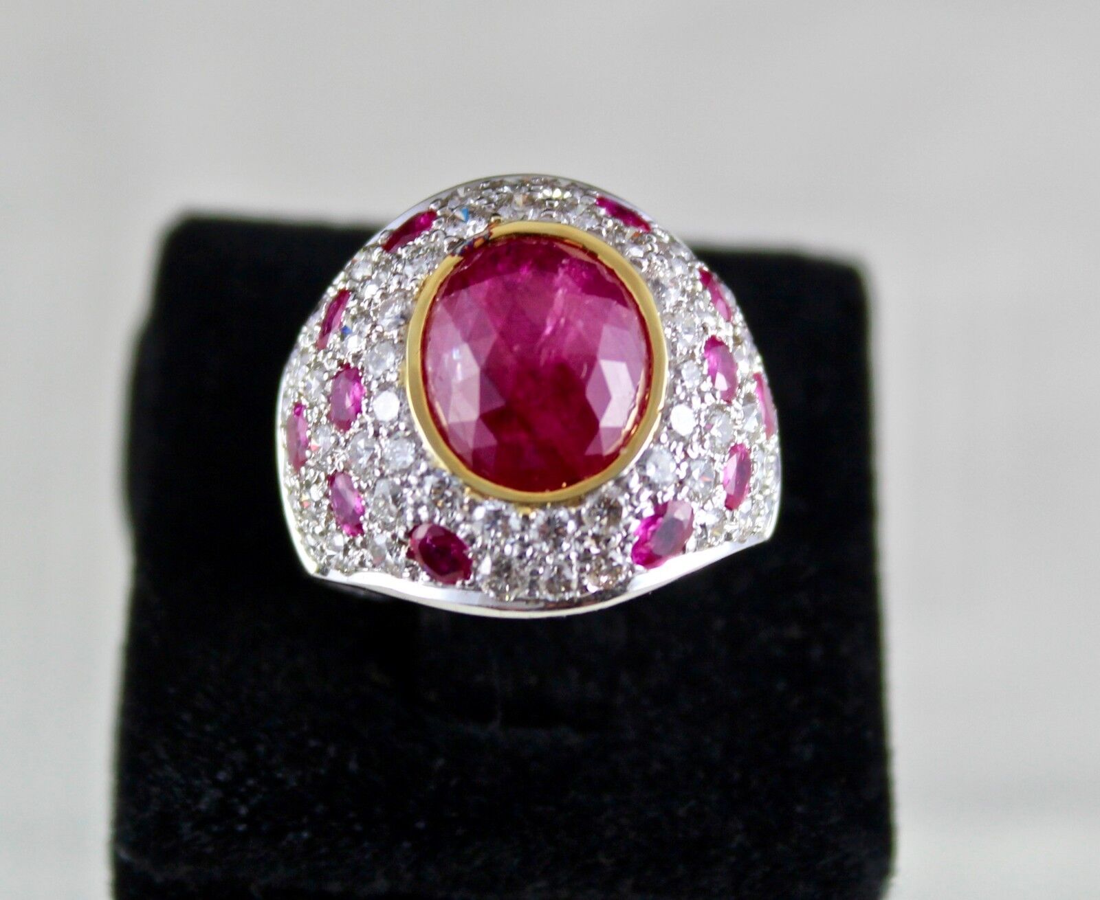 NATURAL NO HEAT BURMESE RUBY CABOCHON WHITE DIAMOND 18K GOLD COLLECTOR RING