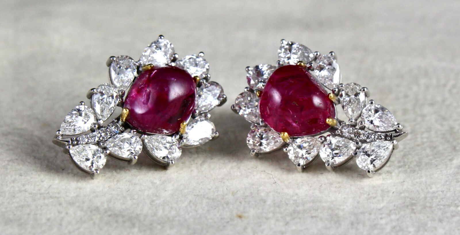Certified 18k Gold Natural Diamond Burma Ruby Cabochon Stud Earrings 33.9ct