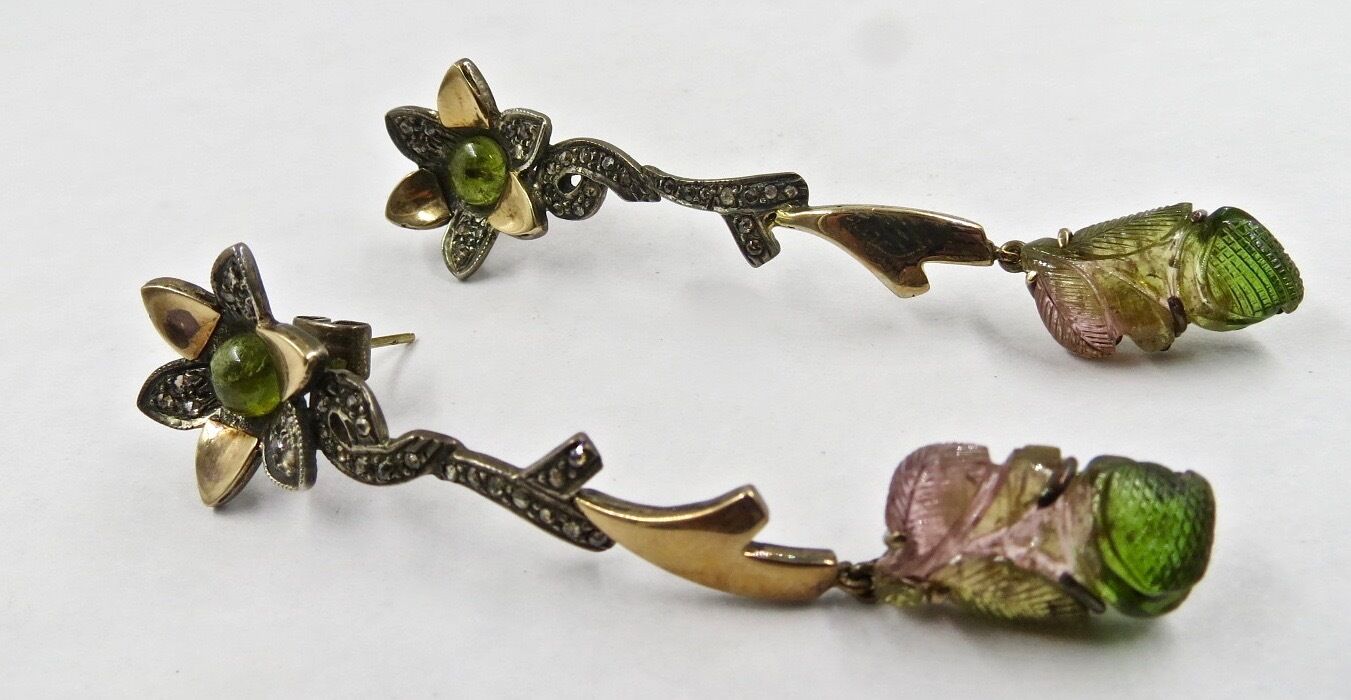 Natural Multi Tourmaline Carved Diamond 18 K Gold 925 Silver Victorian Earring