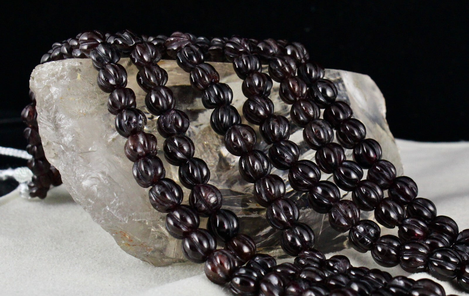 Natural Garnet 1092ct Carved Melon Beads 3 Line Gemstone Fashion Necklace