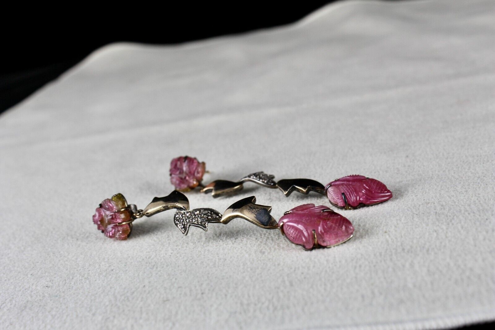NAURAL PINK TOURMALINE CARVED DIAMOND 18K GOLD 925 SILVER VICTORIAN EARRING