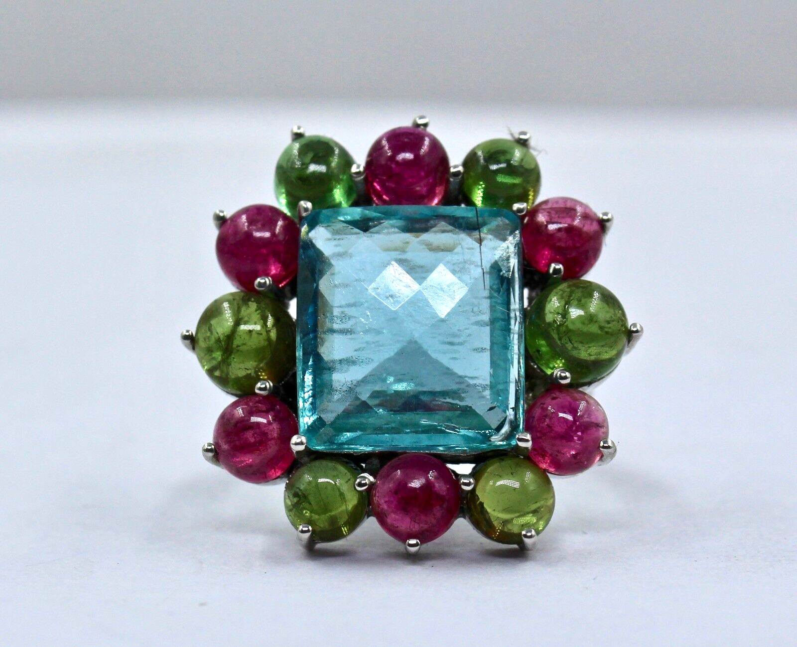 Certified Natural Blue Aquamarine 48ct Square Tourmaline Sterling Silver Ring