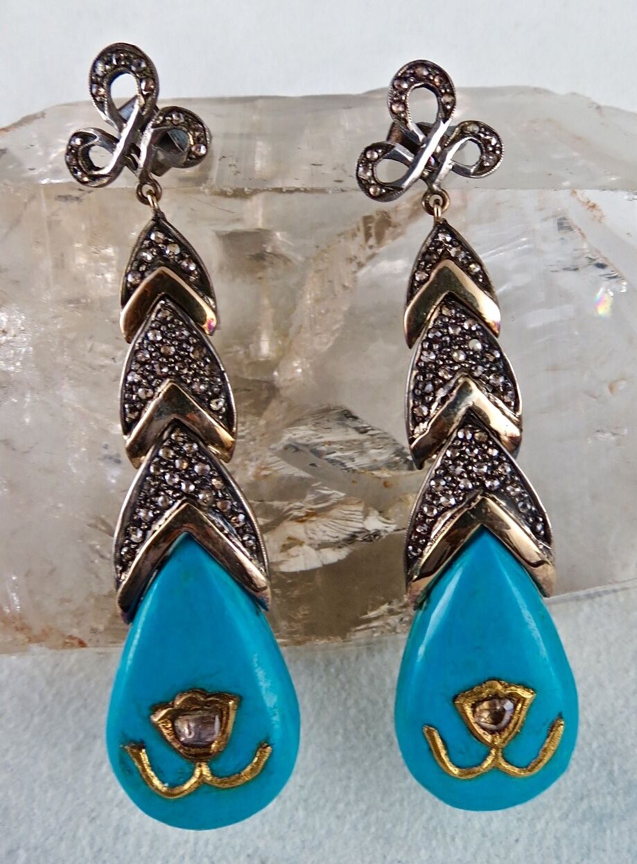 FINEST TURQUOISE DIAMOND 18K GOLD 925 SILVER JADAU GEMSTONE VICTORIAN EARRING