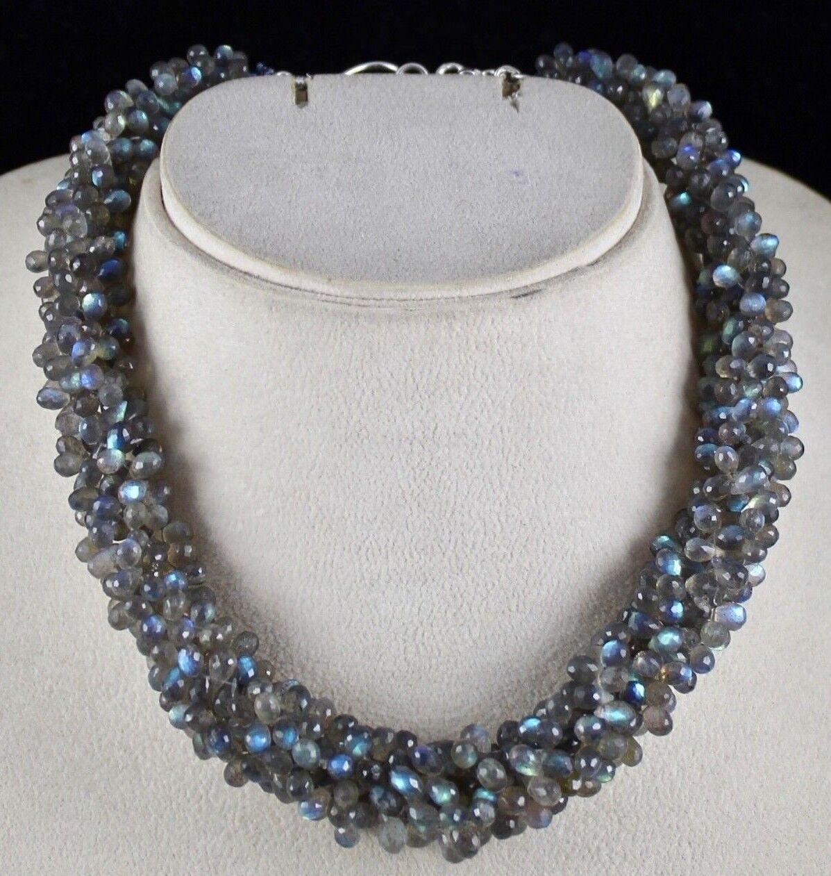 NATURAL LABRADORITE BEADS TEARDROPS 4 LINE 561 CARATS GEMSTONE SILVER NECKLACE