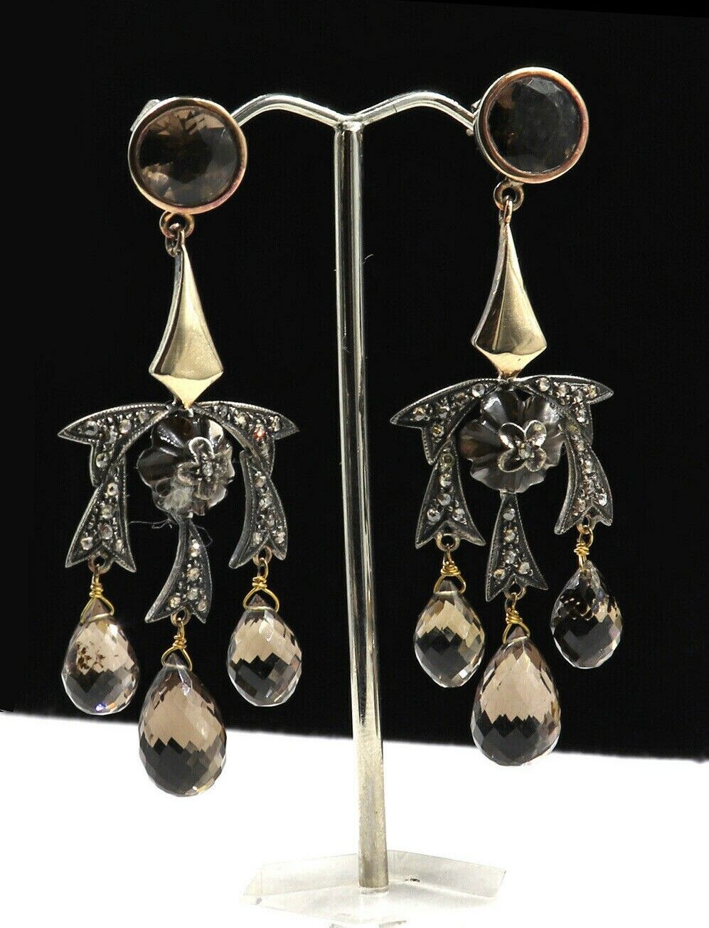 Vintage Natural Smoky Quartz Teardrops Diamond 18K Gold Silver Victorian Earring