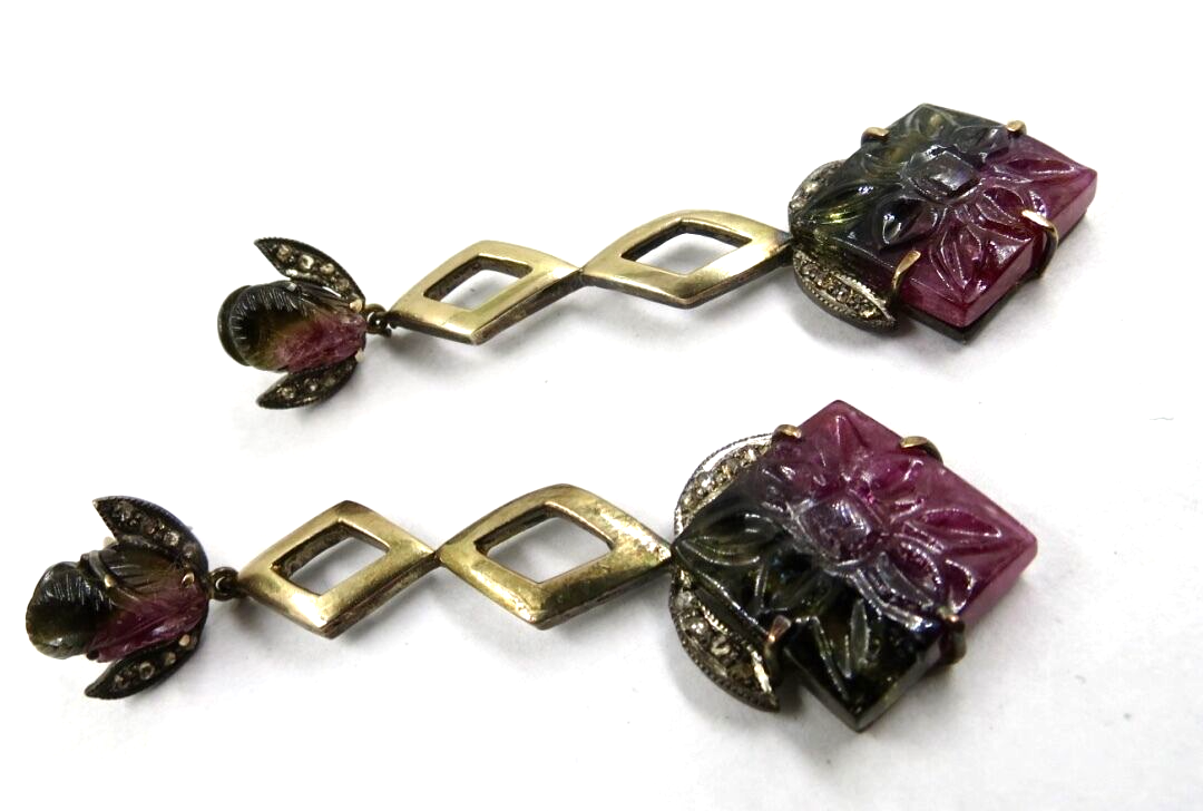 NATURAL MULTI TOURMALINE GEMSTONE DIAMOND 18K GOLD 925 SILVER VICTORIAN EARRING
