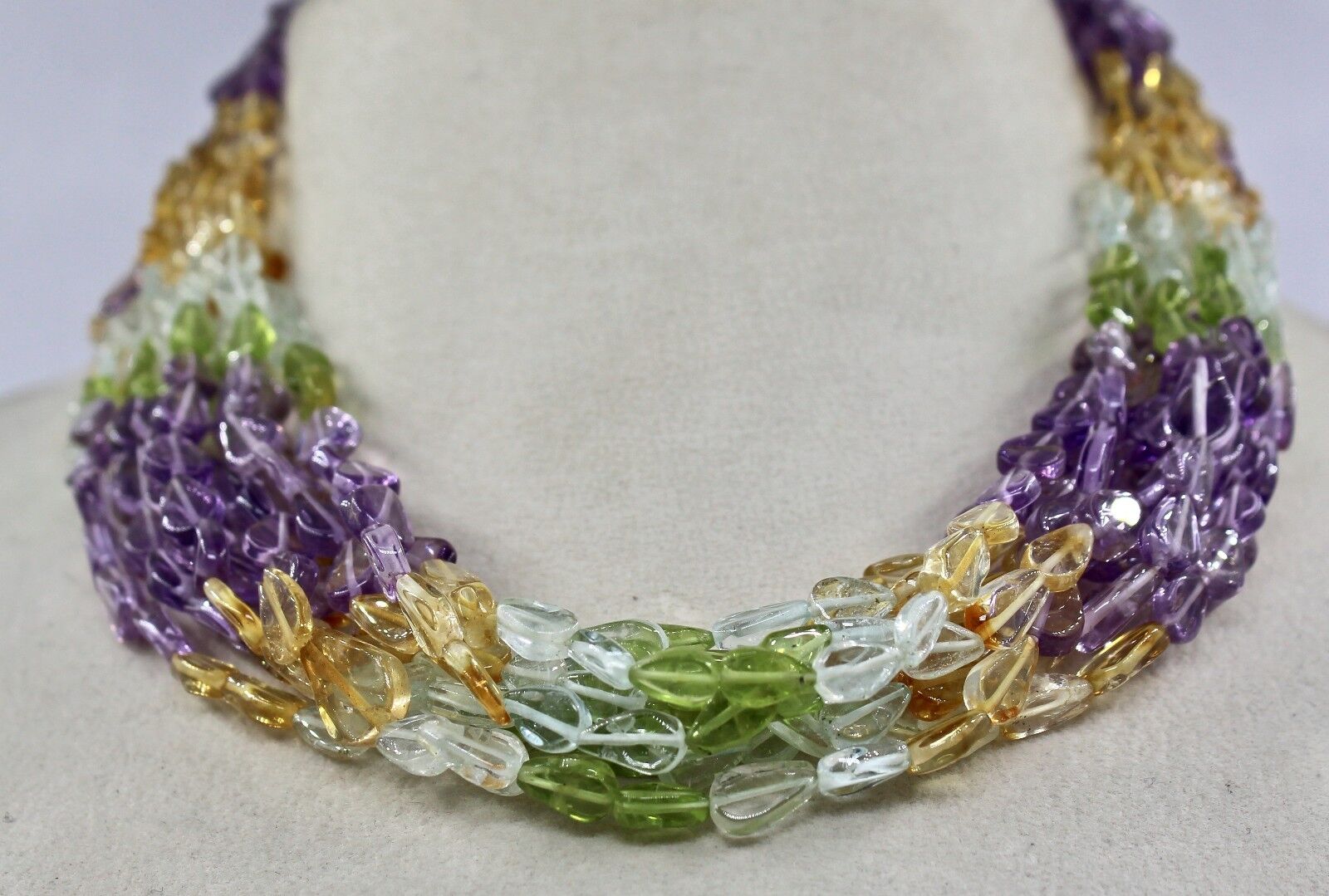MULTI COLOUR PERIDOT CITRINE AMETHYST 10 LINE 18" GEMSTONE FANCY BEADS NECKLACE