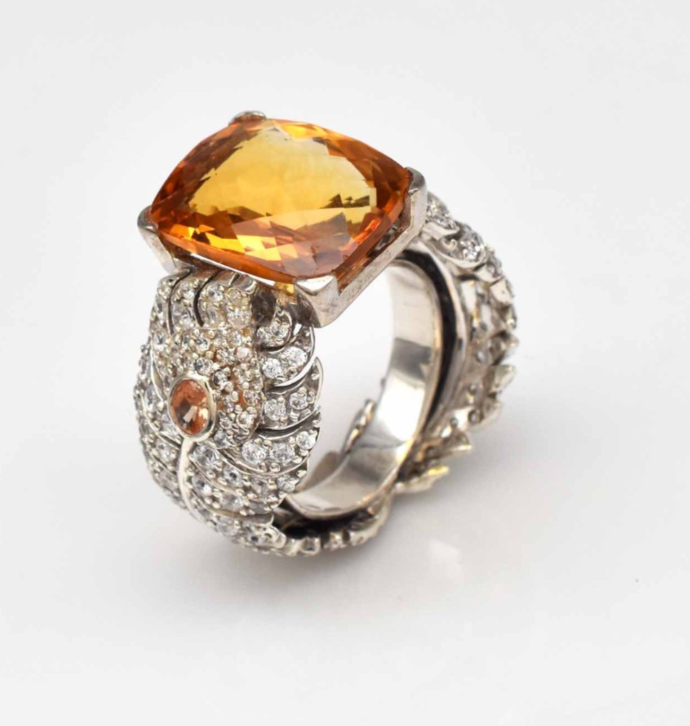 Natural Yellow Citrine Cushion Cubic Zirconia Top Gemstone Silver Cocktail Ring
