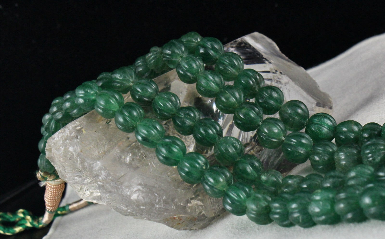 Natural Green Quartz 1034 Ct Melon Beaded Necklace, Carved Gemstone, 2 Line