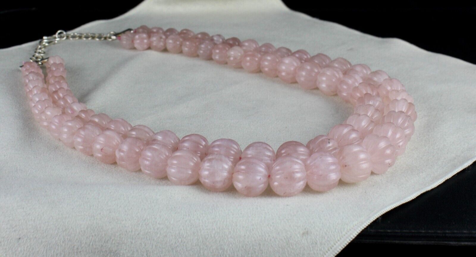 Vintage Natural Rose Quartz Melon Carved Beads 1436 Ct Gemstone Silver Necklace