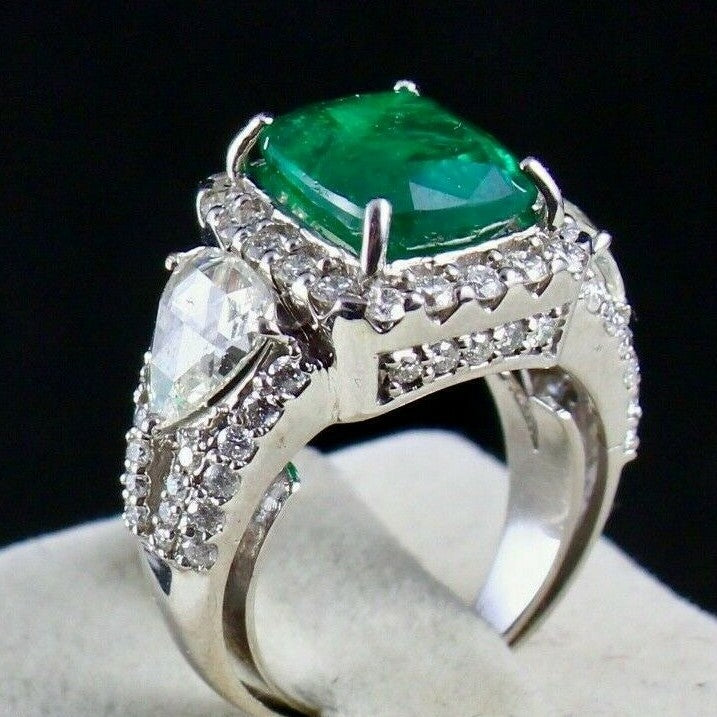 Certified Natural Zambia Emerald Cushion 4.87ct Natural Diamond 18k Gold Ring