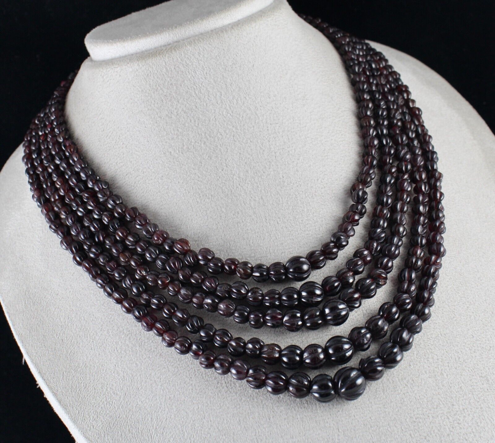 NATURAL GARNET BEADS CARVED MELON 5 LINE 988 CARATS GEMSTONE ANTIQUE NECKLACE