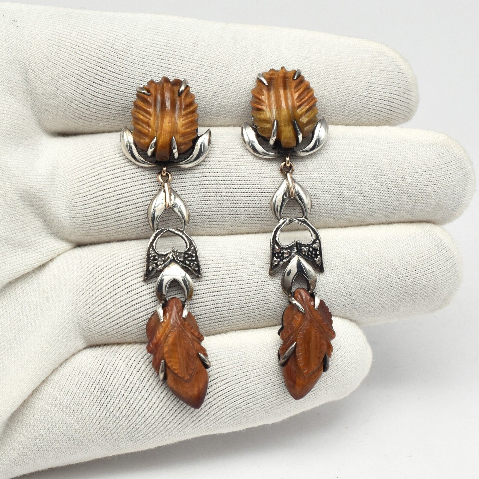 Estate Natural Tiger Eye Carved Diamond 18K Gold Silver Dangle Victorian Earring