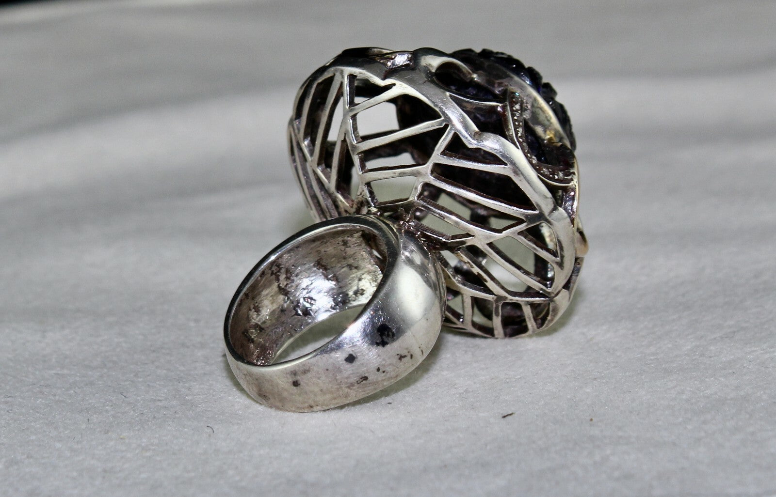 Natural Iolite 126ct Natural Diamond 18k Gold Silver Victorian Cocktail Ring