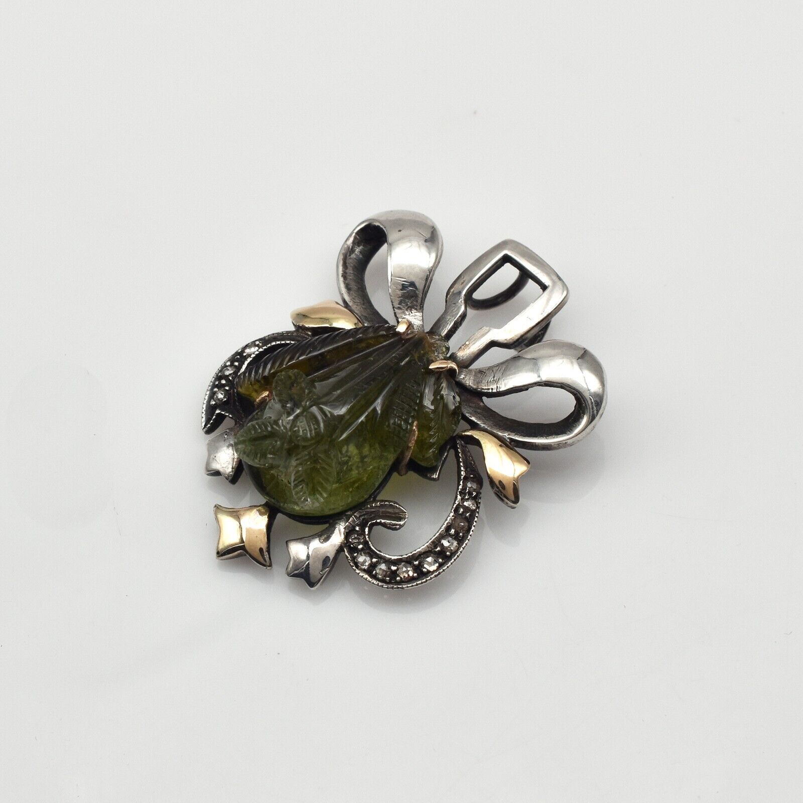 Vintage Natural Green Chrome Tourmaline Diamond Silver & Gold Victorian Pendant
