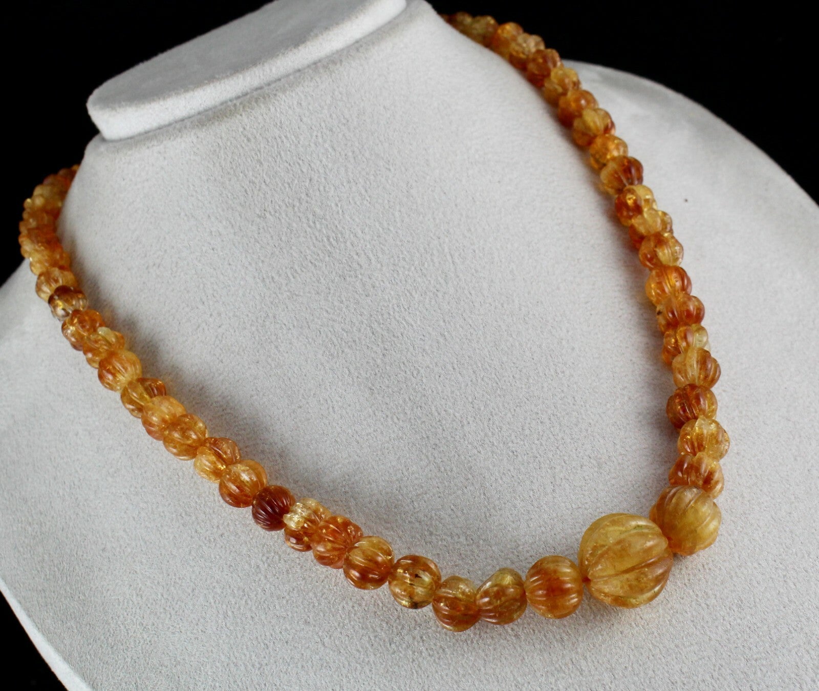 Natural Citrine Necklace 390ct Carved Beads Sterling Silver Clasp