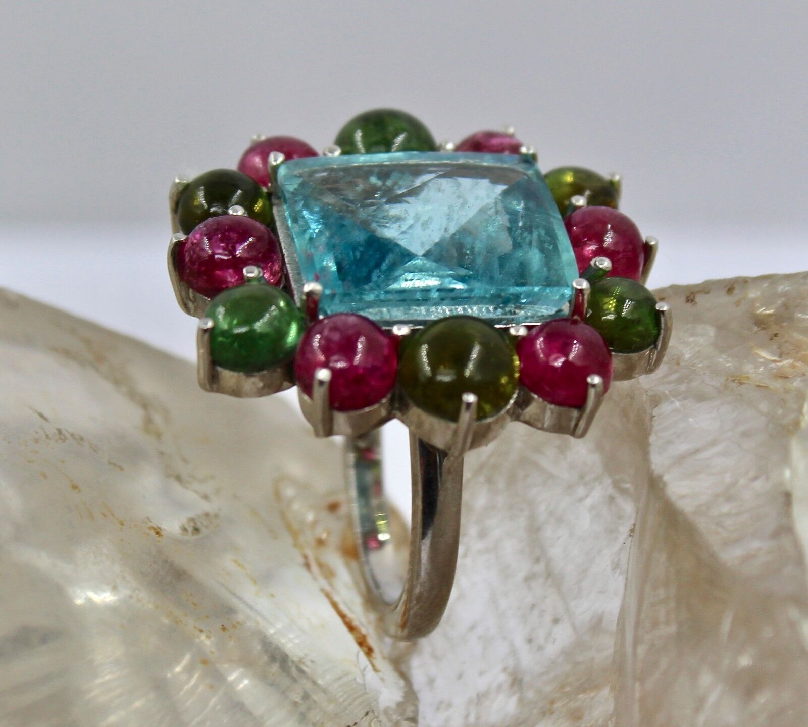 NATURAL AQUAMARINE SQUARE CUT MULTI TOURMALINE CABOCHON LADIES RING IN SILVER