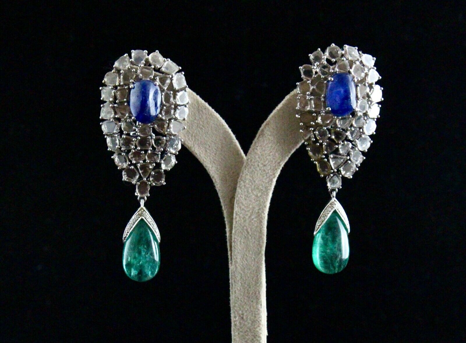 Natural Blue Sapphire Emerald Cabochon Diamond 18K Gold Classic dangle Earring