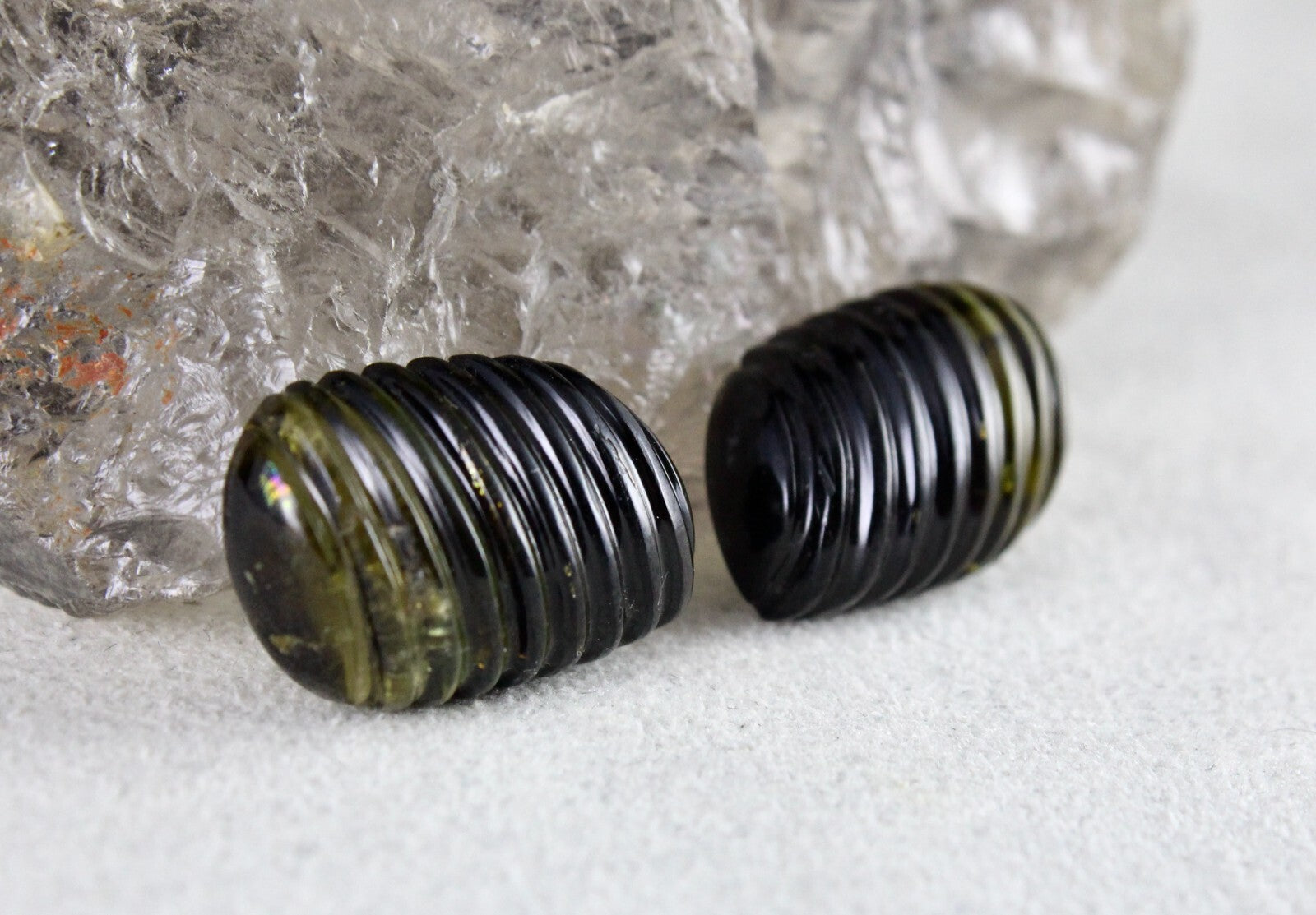 Natural Greenish Black Tourmaline 24.72 Ct Carved Leaves Gemstone Earring Set