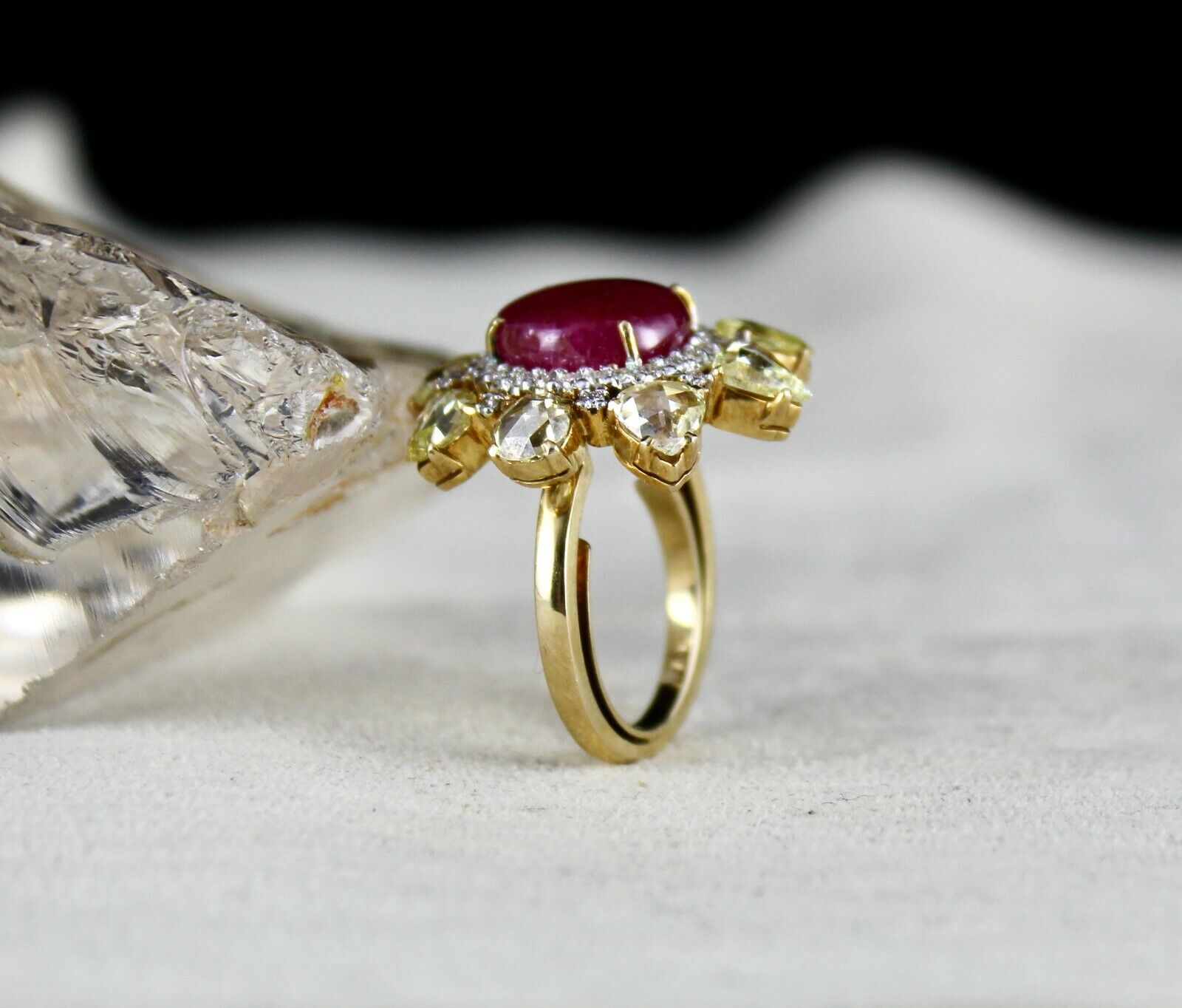 NATURAL UNHEATED BURMA RUBY CABOCHON YELLOW ROSE CUT DIAMOND 18K GOLD FINE RING