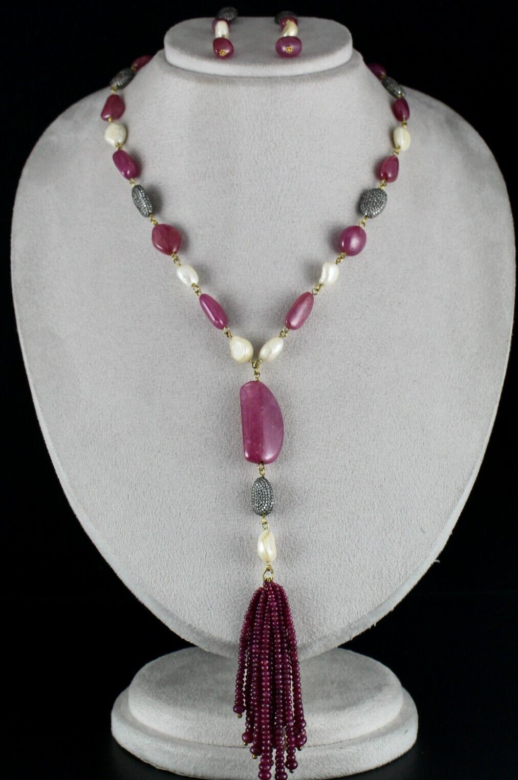 Certified Natural RUBY Nugget PEARL DIAMOND Bead Statement Necklace 18K Gold Set