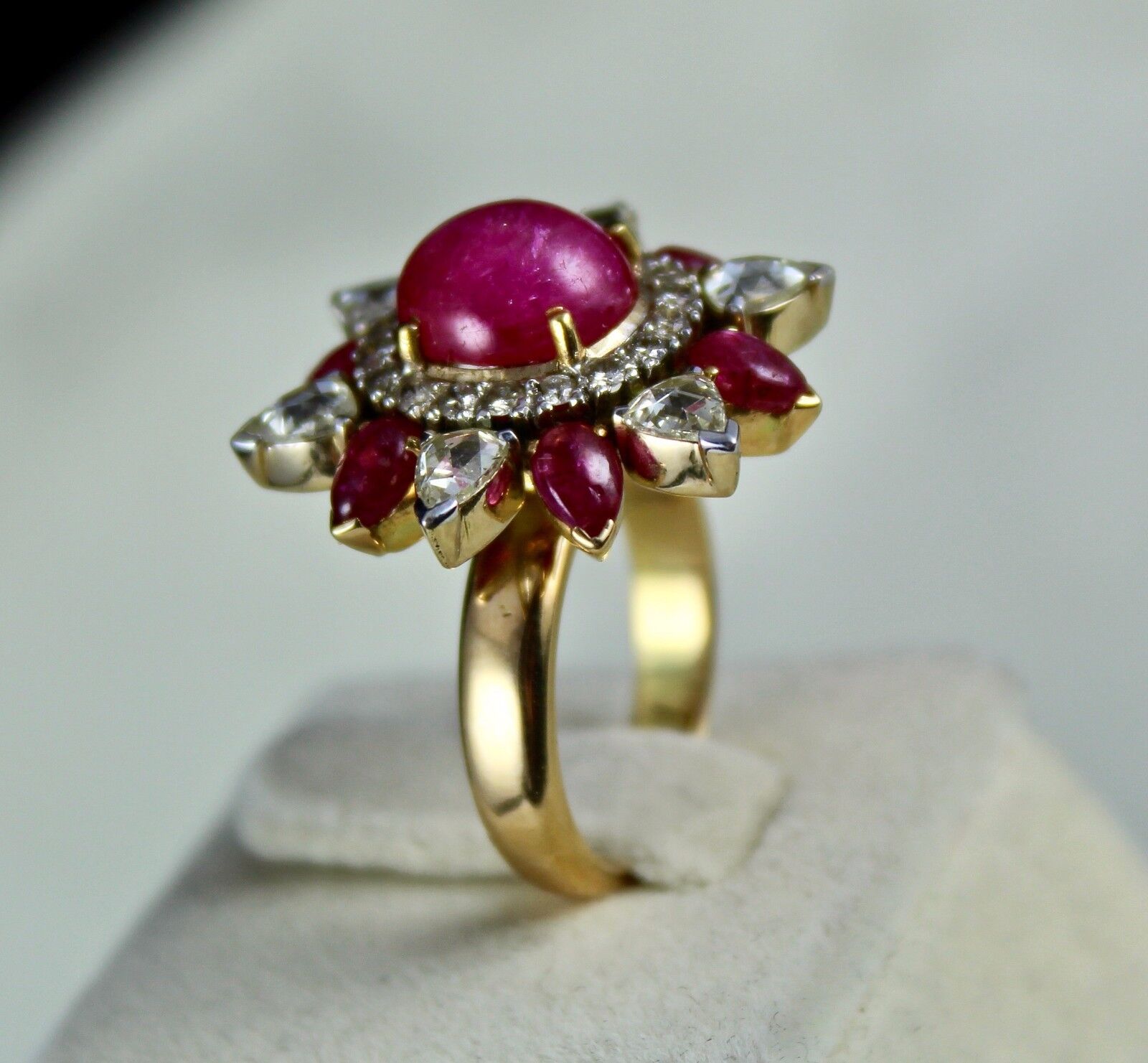 Natural Ruby Cabochon Rose Cut Diamond 18K Yellow Gold Unique Cocktail Ring