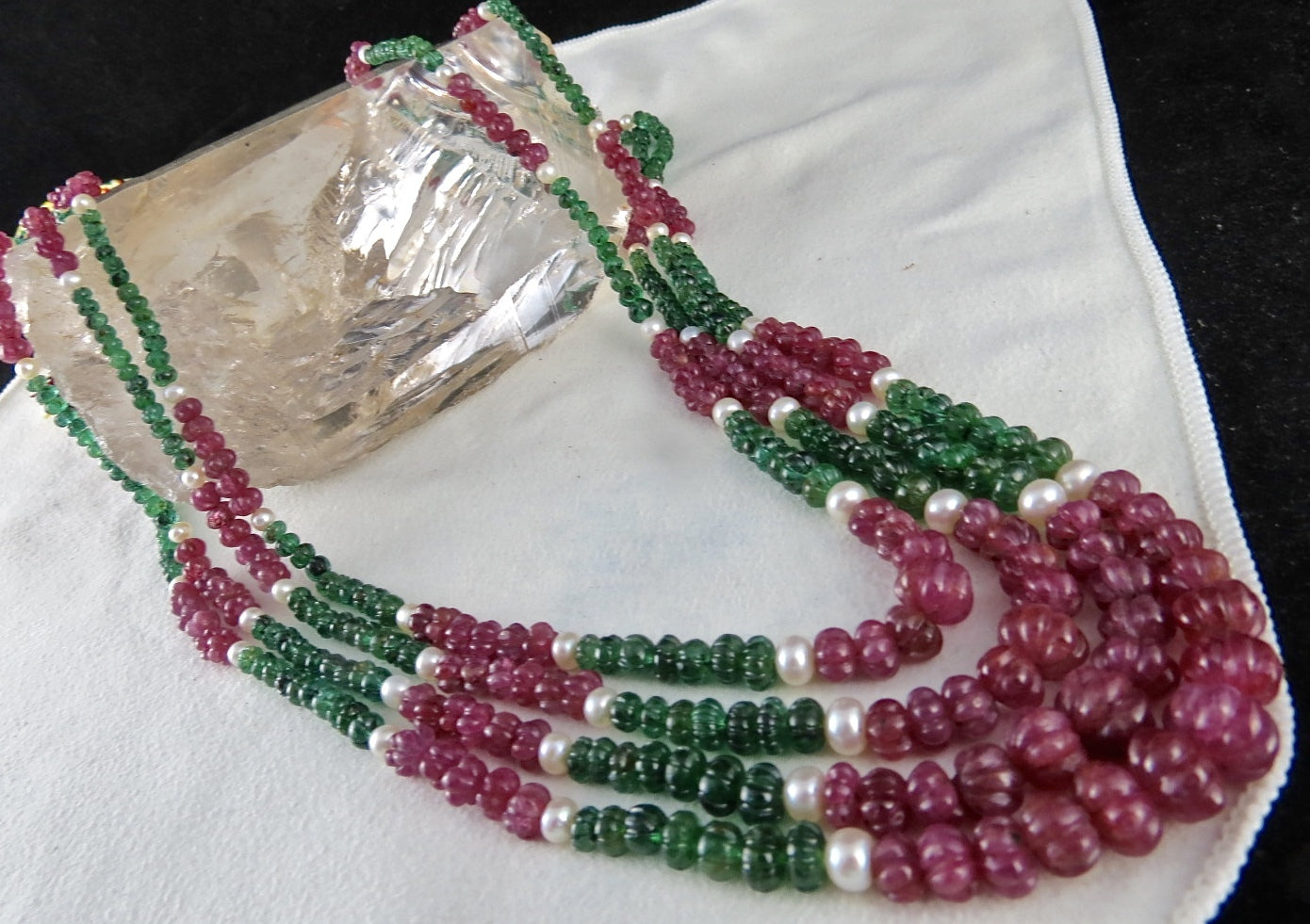 Certified Natural Ruby 368 Ct Emerald Melon Carved Pearl Antique Necklace