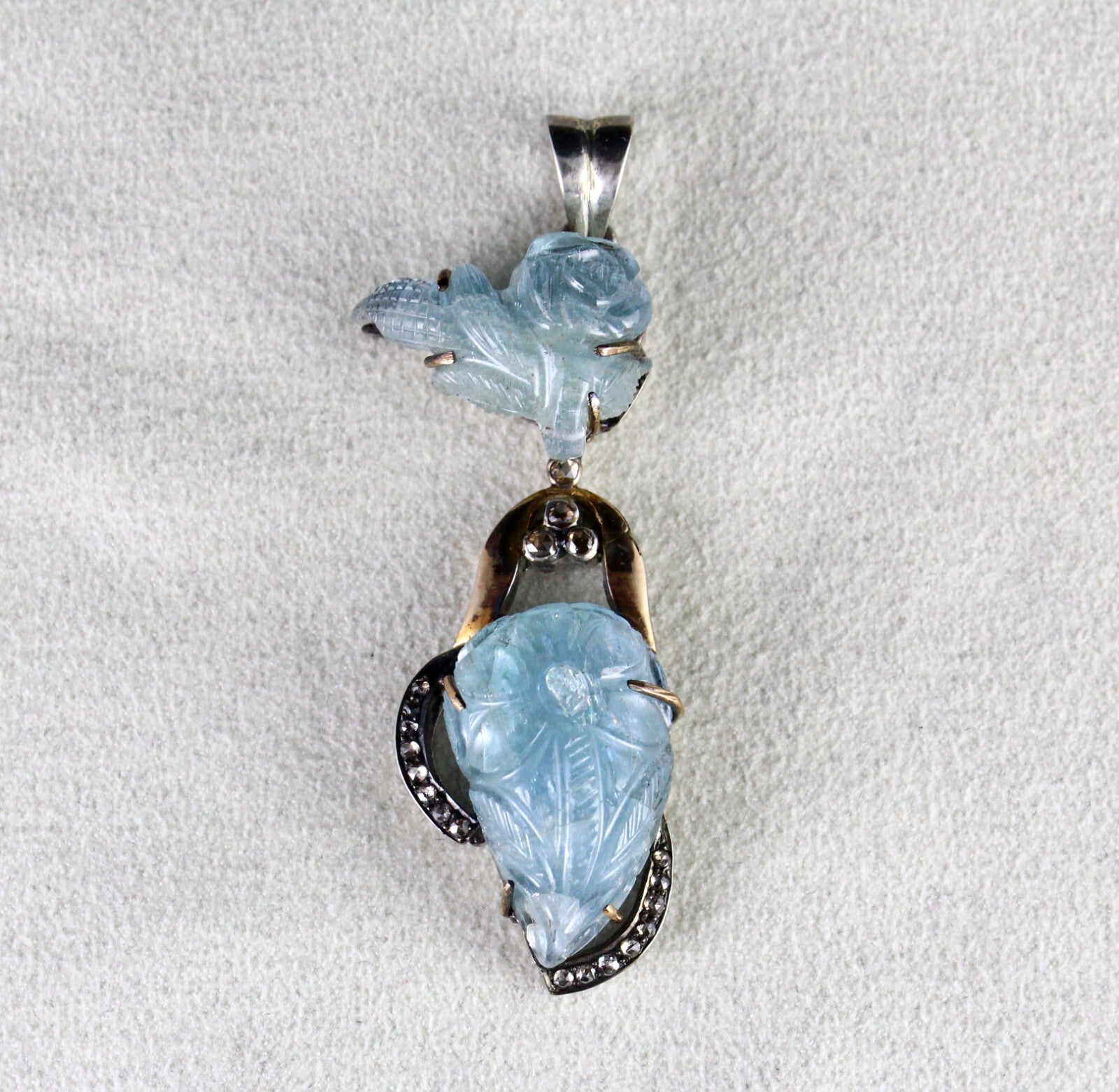 Natural Blue Aquamarine 10ct Carved Natural Diamond 18k Gold 925 Silver Pendant