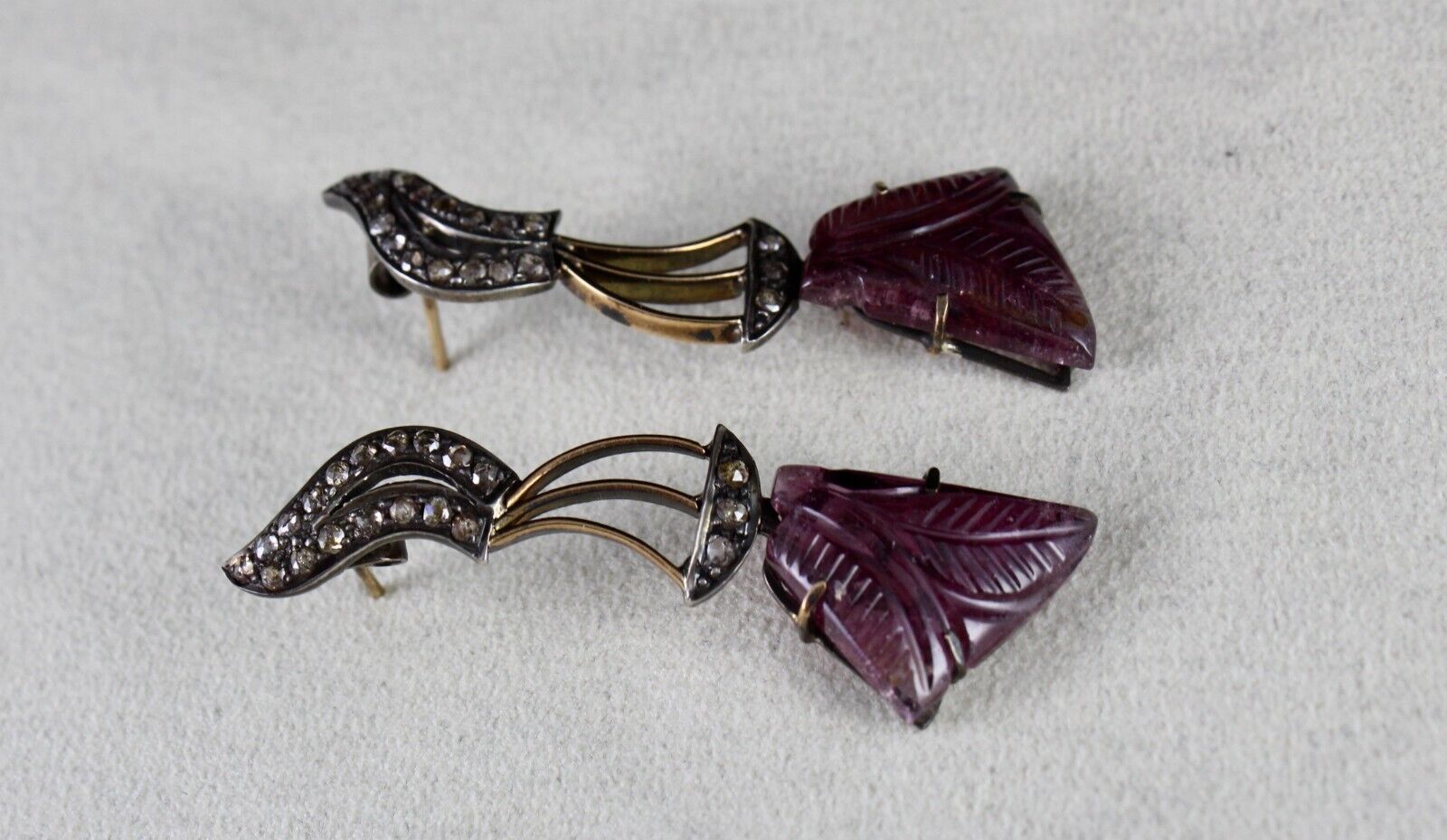 Natural Pink Tourmaline Carved Diamond 18K Gold Silver Victorian Antique Earring