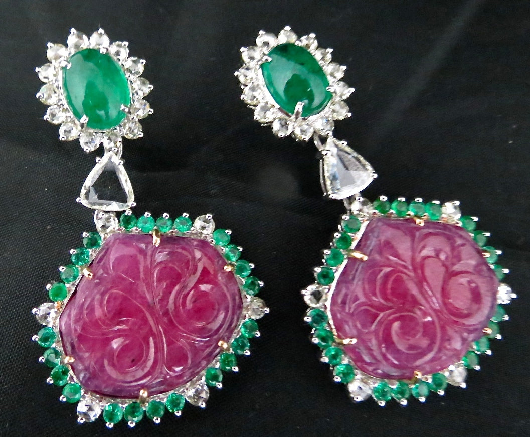 Certified Natural Emerald 169.45ct Ruby Carved Rose Cut Diamond 18k Gold Earring