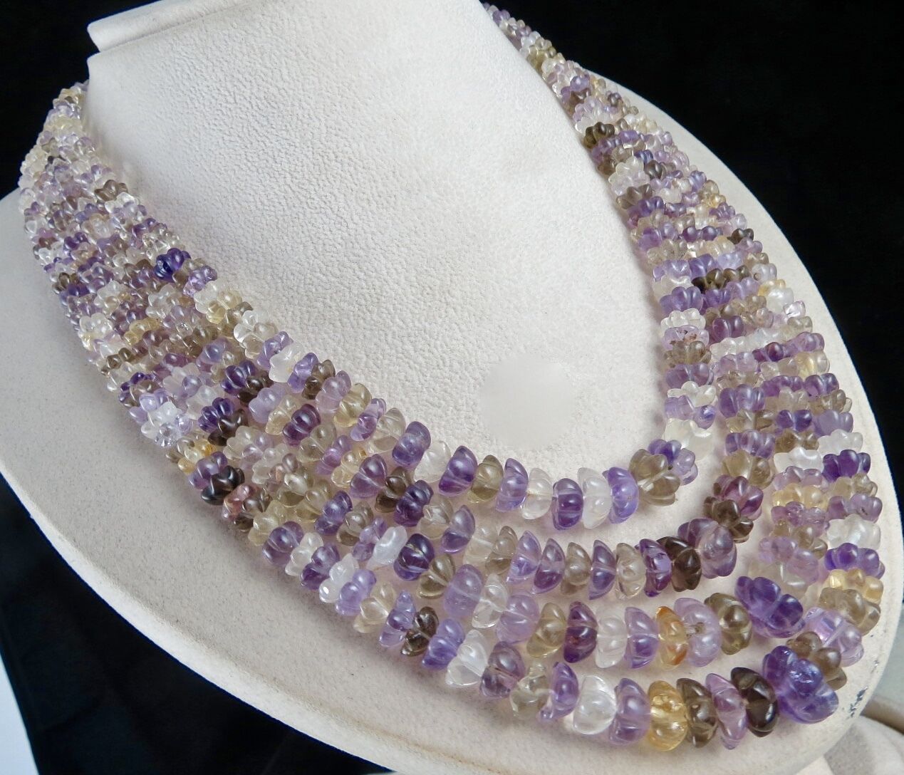 NATURAL MULTI AMETHYST CITRINE QUARTZ CARVED BEADS 4 L 903 CARATS FINE NECKLACE