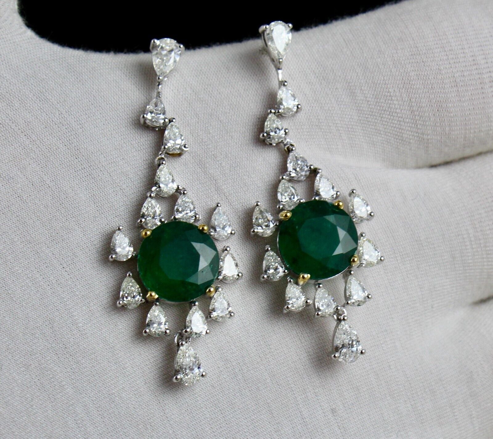 Natural Zambian Emerald Pair White Diamond Cut 18k Gold Dangle Important Earring