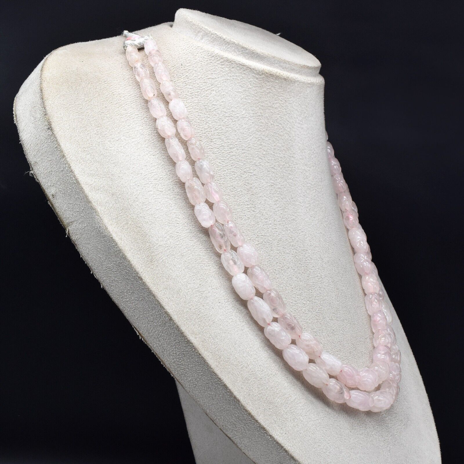 Vintage Rose Quartz Beaded Engraved Necklace 2 L 519 Ct Natural Gemstone