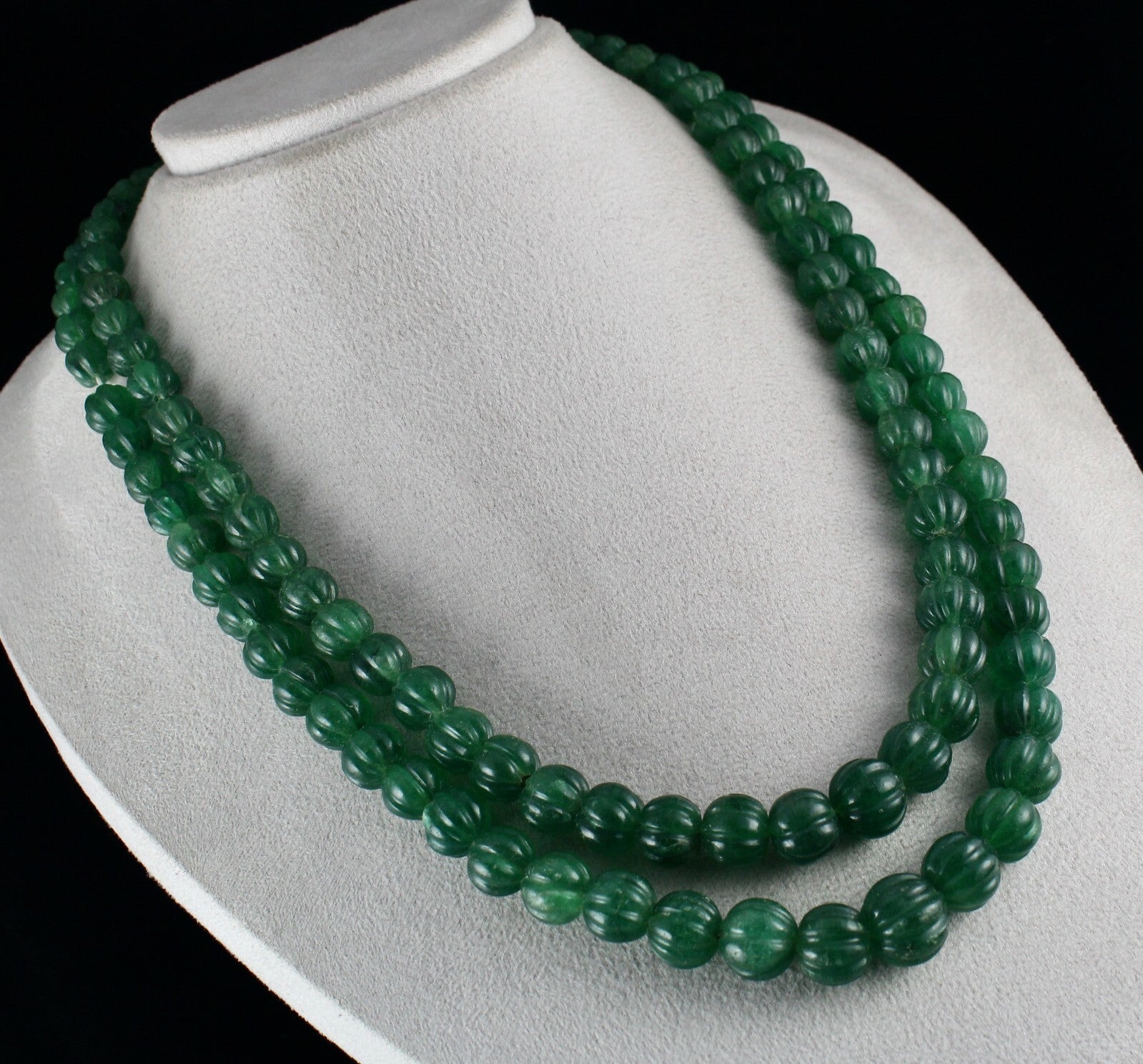 Natural Green Quartz 1034 Ct Melon Beaded Necklace, Carved Gemstone, 2 Line
