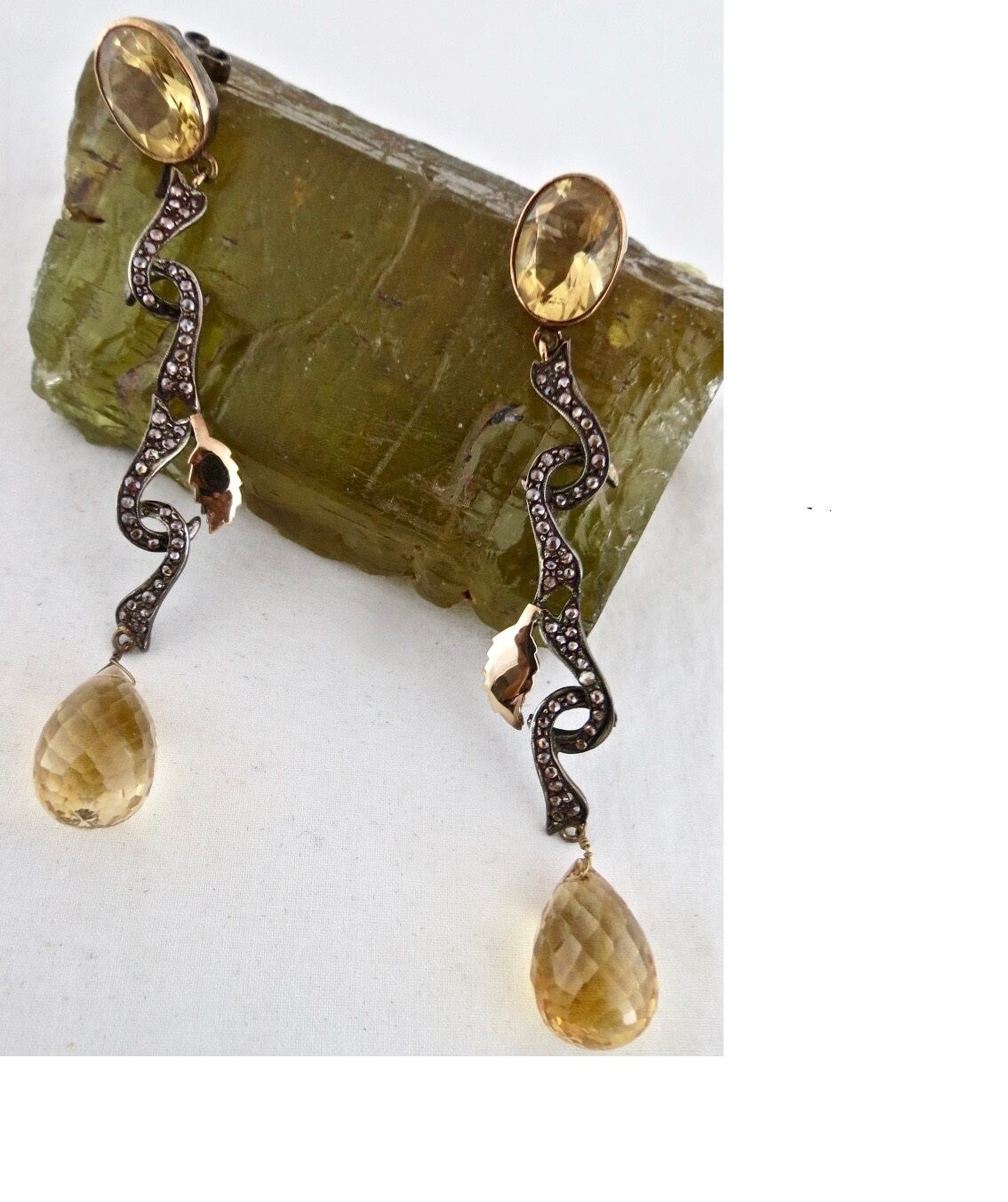Old Antique Yellow Citrine Diamond 18K Gold 925 Silver Victorian Party Earring
